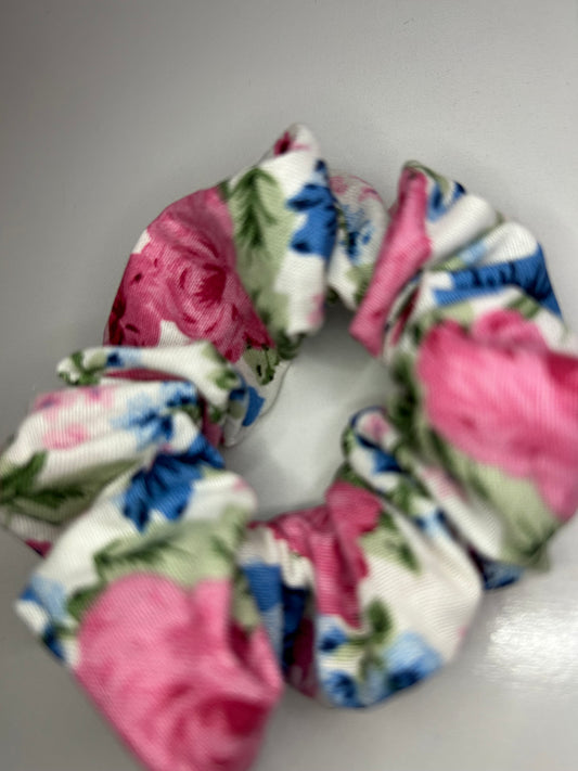 Blue and pink floral scrunchie